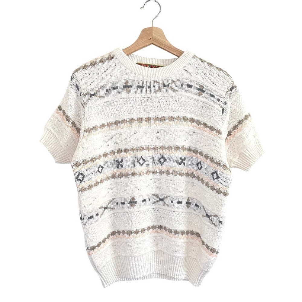 Vintage Tidewater Fair Isle Sweater Top Mixed Stitch Short Sleeve Ivory Medium